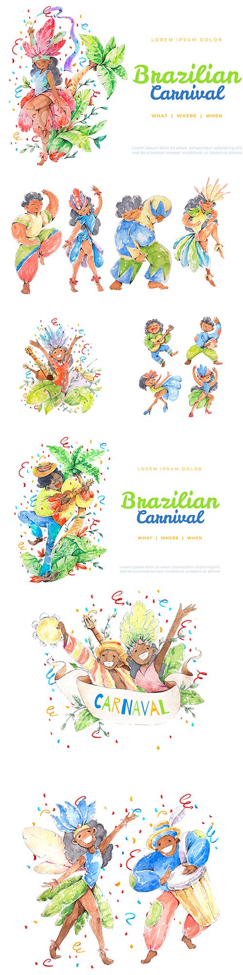 Brazilian carnival dancing watercolor illustrations
