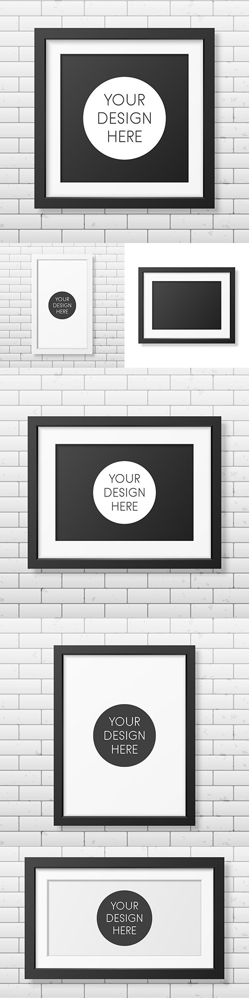 Realistic square black frame on brick wall template