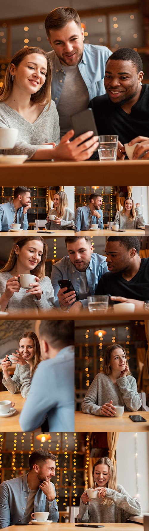 Young friends at restaurant table take selfies