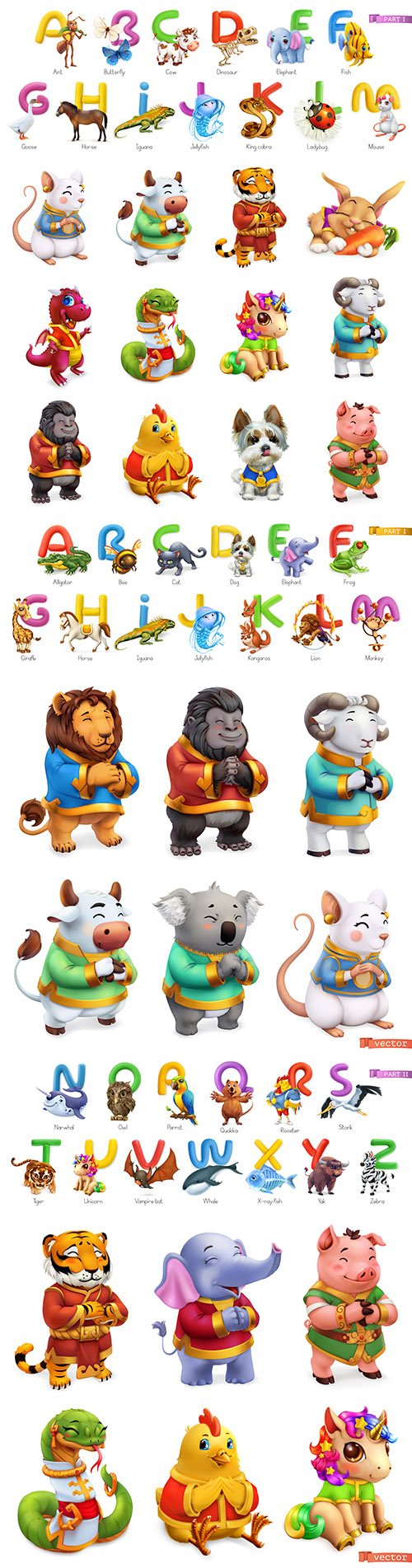 Funny animal 3d illustration set with letters