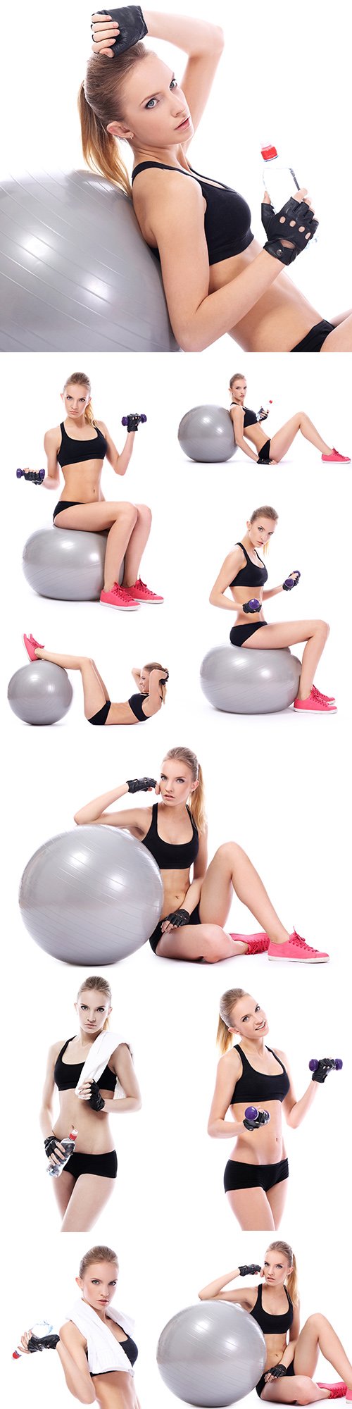 Woman does exercises with gantels on fitness ball