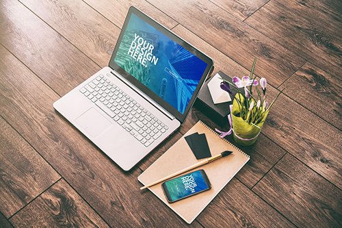Laptop and Smartphone with Accessories Mockup