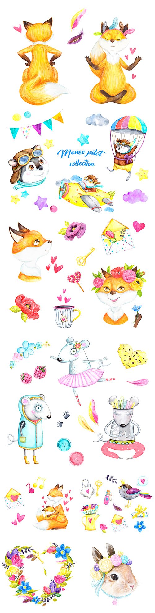 Fox and decorative flowers cartoon watercolor