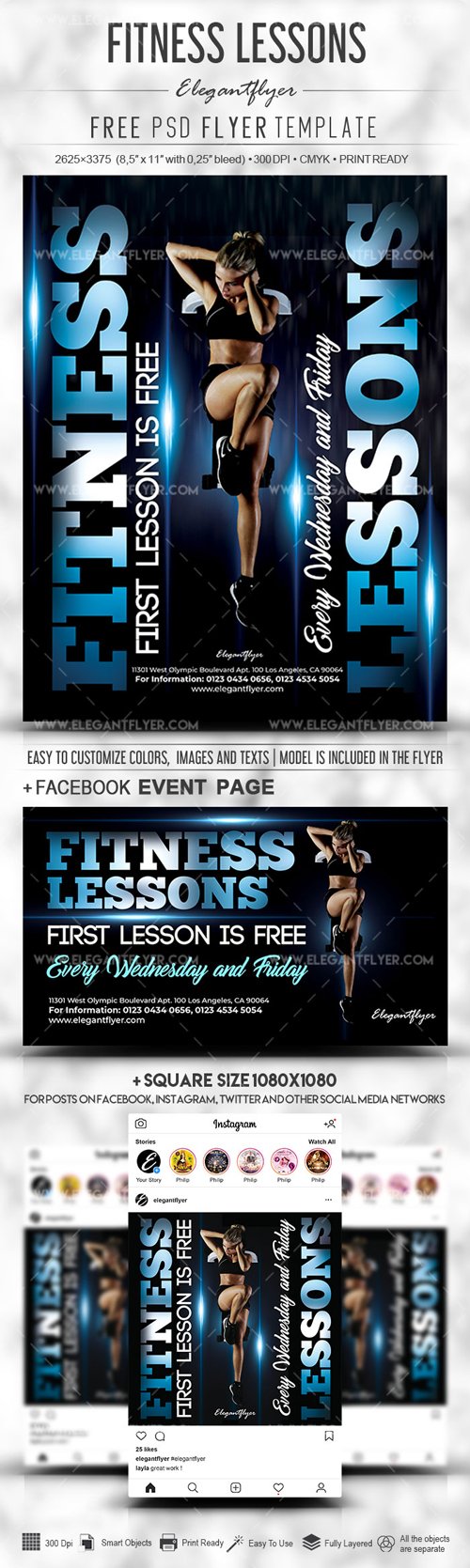 Fitness Lessons - Free PSD Flyer Template + Facebook Cover