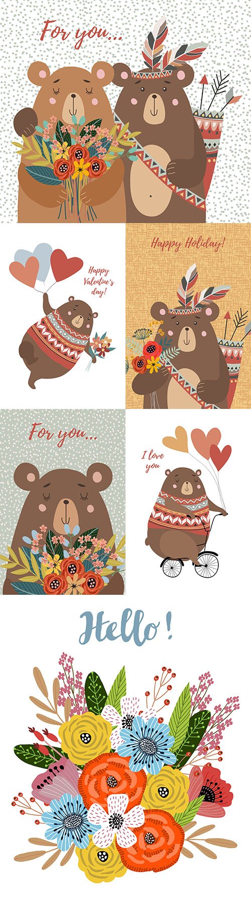 Bear with bouquet colors flat style iluustration