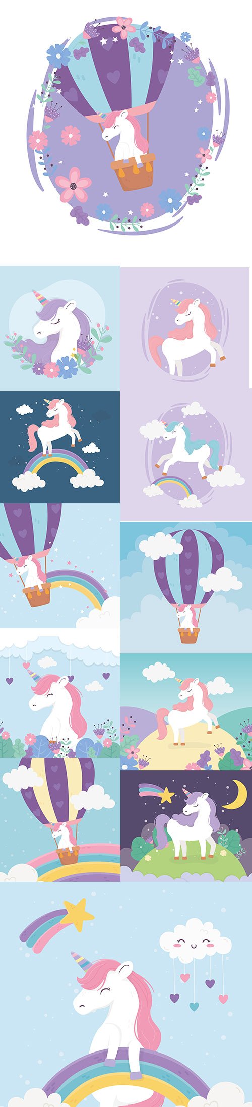 Happy Unicorn with Rainbows Illustrations Set