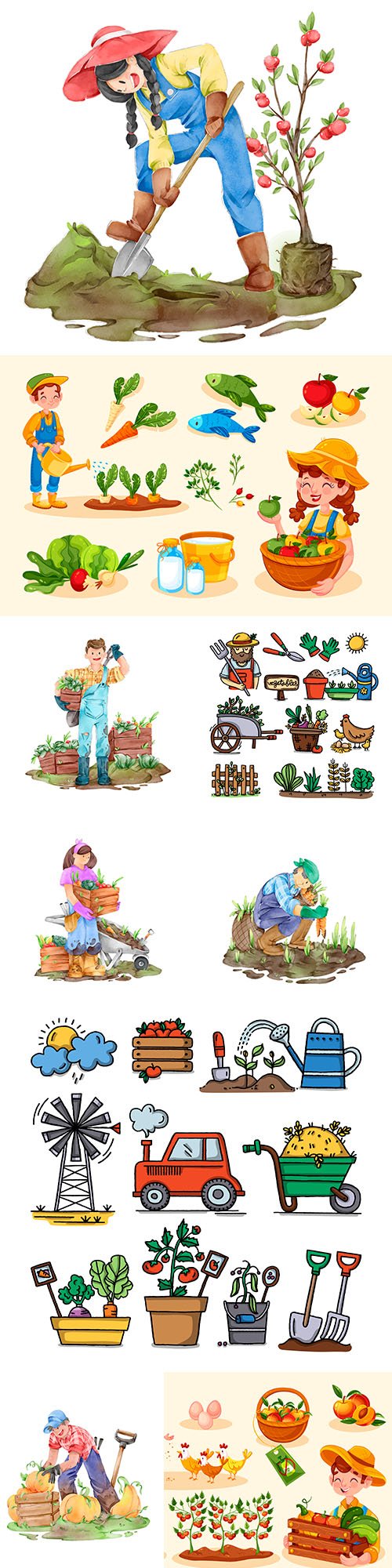 Organic farming concept watercolor illustrations