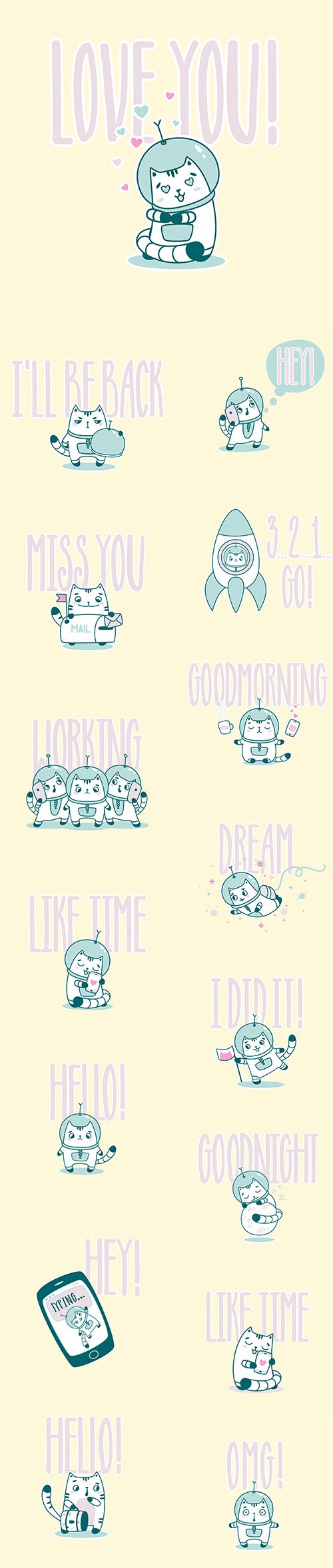 Funny Astronaut Cat Illustrations Vector Set