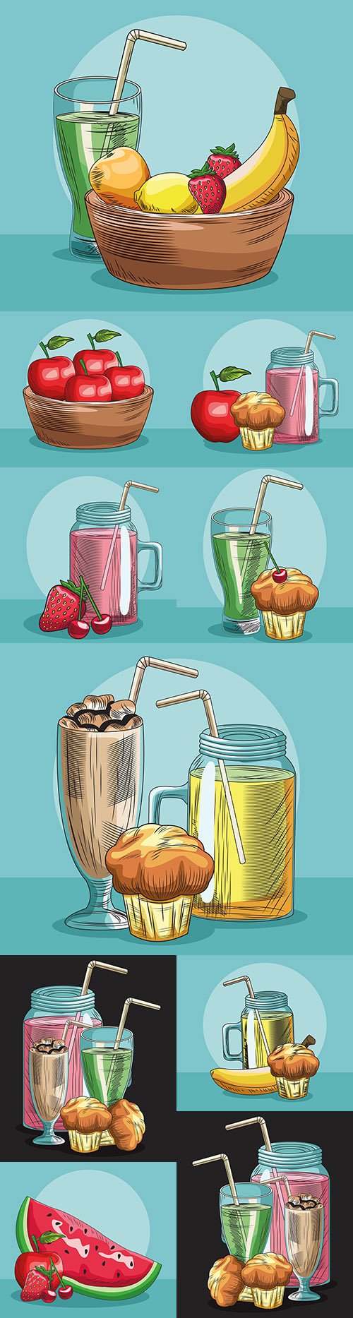 Milkshake, cupcake and fresh fruit painted illustrations