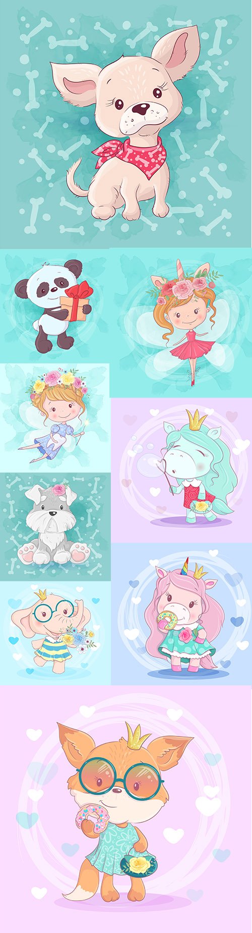 Cartoons Hand-Drawing Little Girl and Animals Illustrations Vector Set