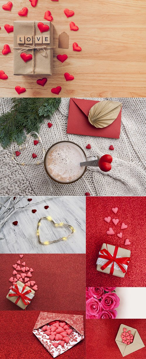Red Hearts and Gift Box Stock Images Set