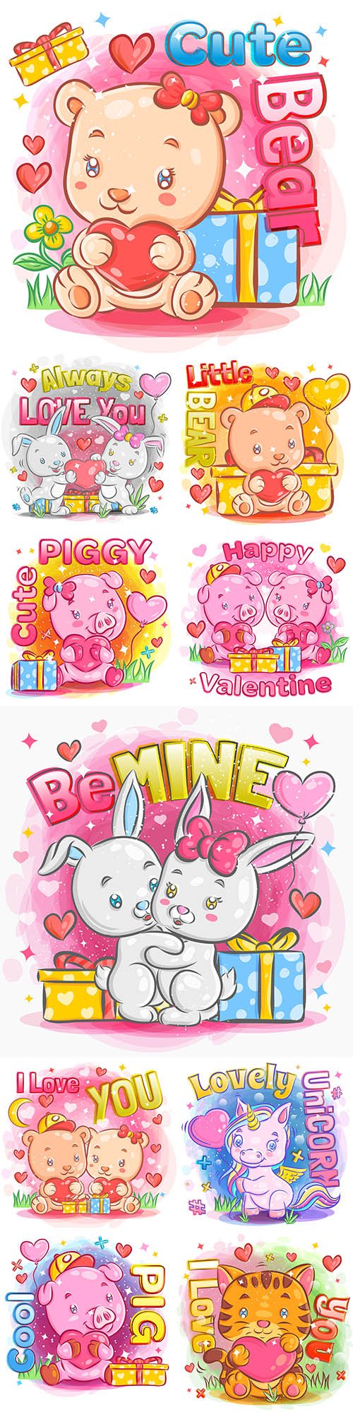 Cute little animals Valentine's Day illustrations