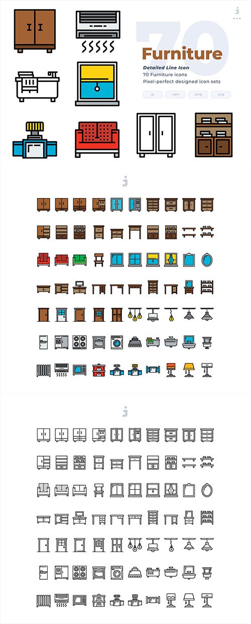 70 Furniture Icons - Detailed Line Icon