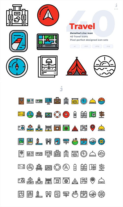 40 Travel Icons - Detailed Line Icon