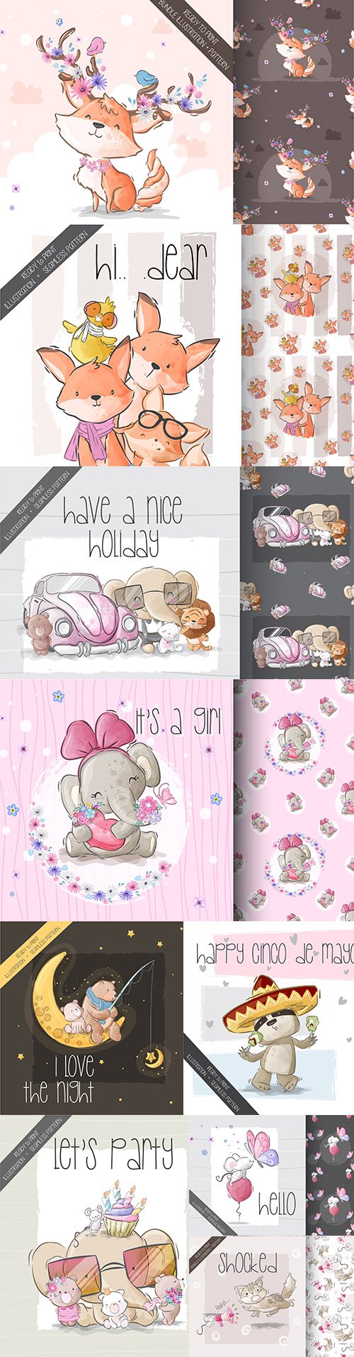 Cute cartoon animals and seamless background 3