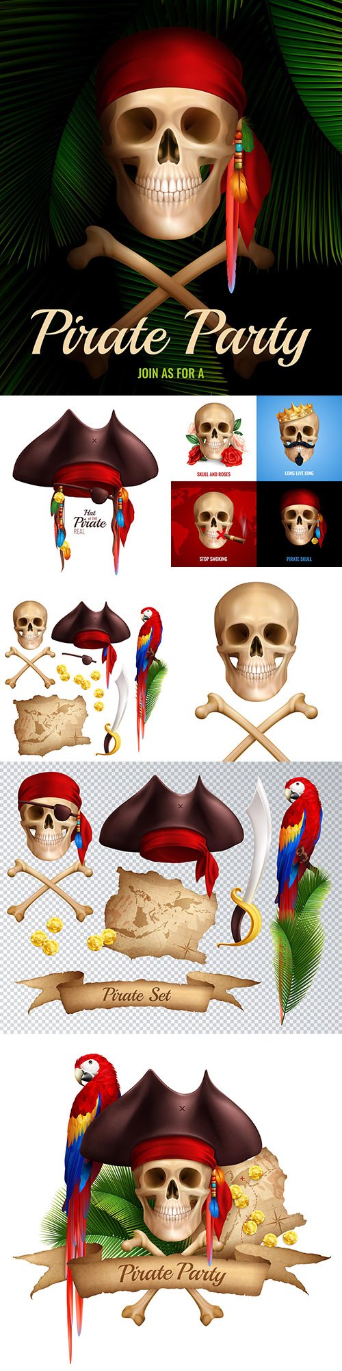 Pirate party and design elements realistic illustrations