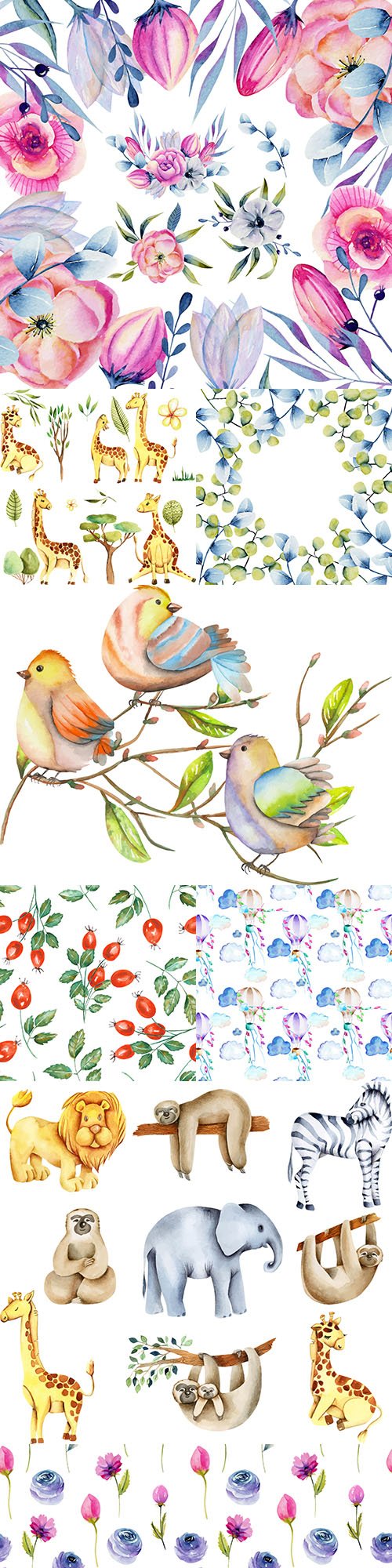 Animals and flower bouquets collection watercolor illustrations