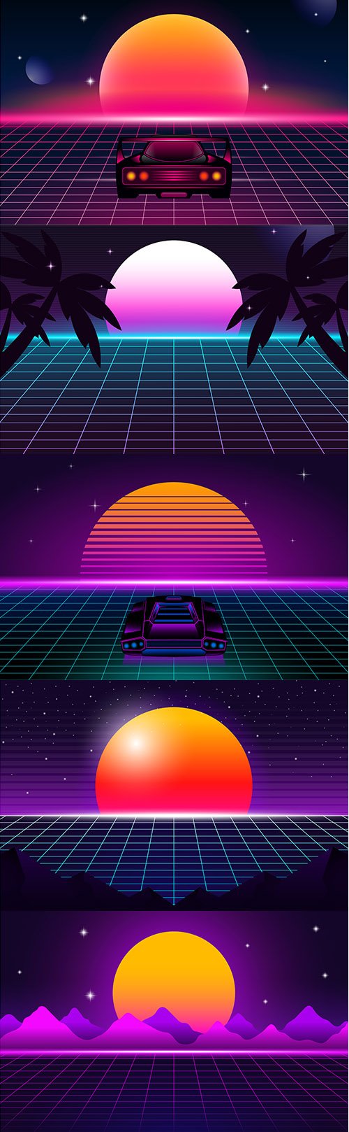 80s Retro Futurism Landscape Illustrations Vector Set