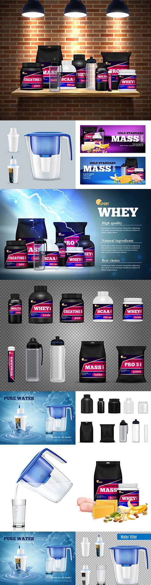Fitness, sports food and filit for water realistic illustrations