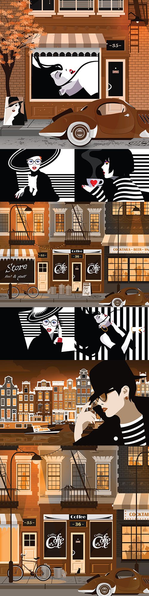 Old town street and fashion woman in pop art style