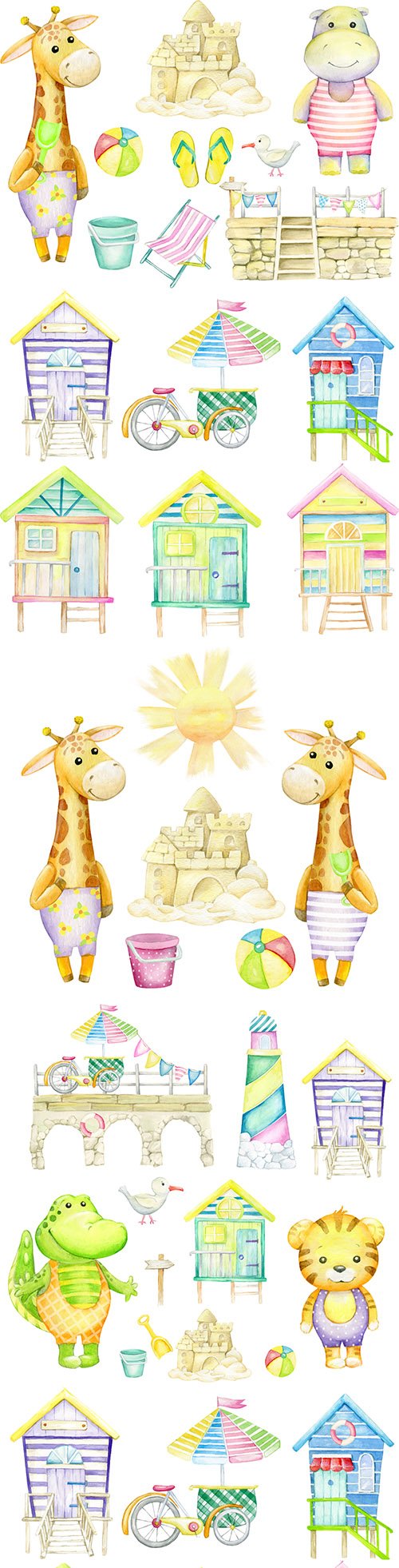 Giraffes, sun and castle of sand watercolor illustrations