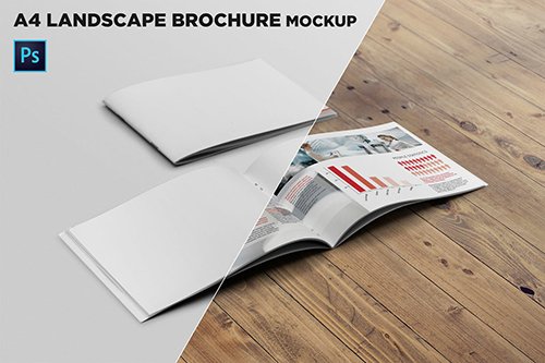 Cover & Open Landscape Brochure Mockup