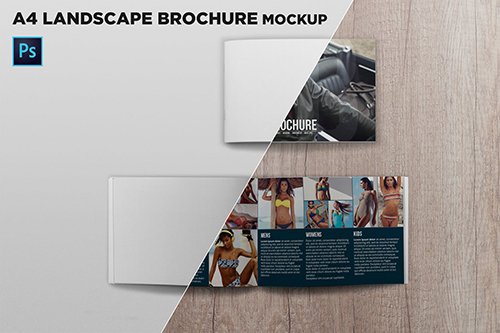 Cover & Open Landscape Brochure Mockup Top View