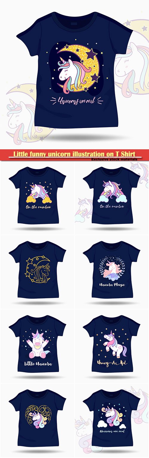 Little funny unicorn illustration on T Shirt kids template