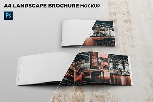 Cover & Open Landscape Brochure Mockup Front View