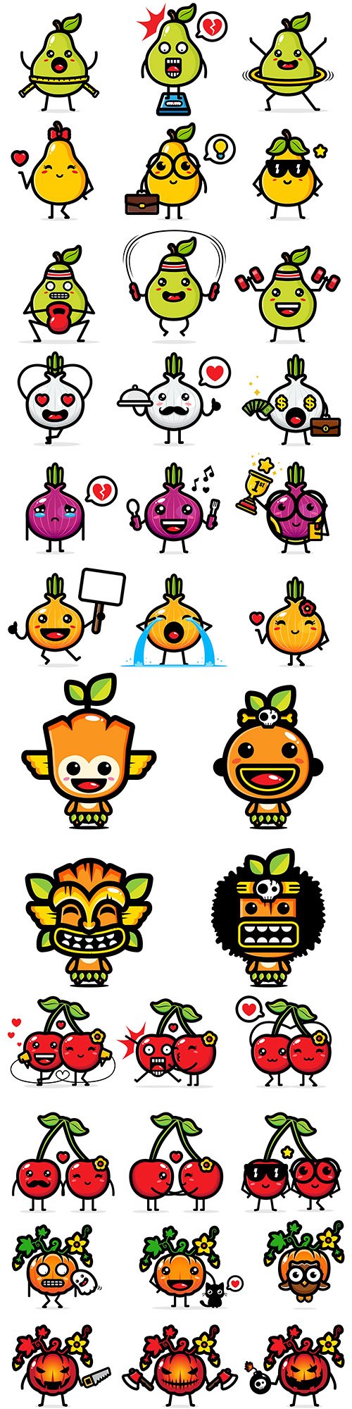 Fruits and vegetables funny cartoon icons