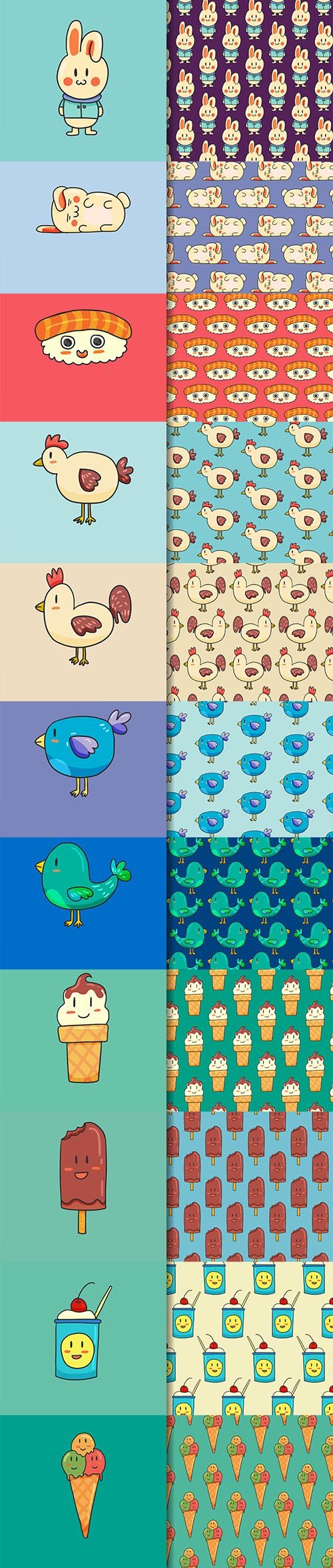 Cartoon Animals Seamless Pattern Vector Set