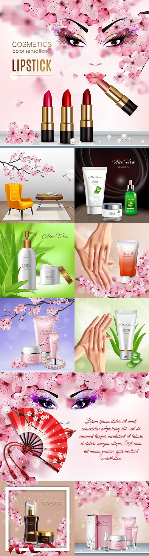 Aloe vera and sakura cosmetic compositions realistic illustrations