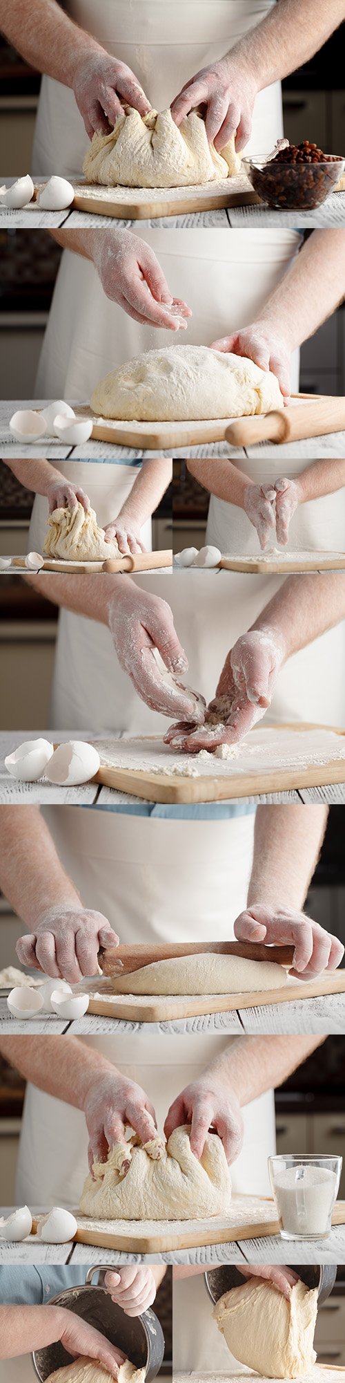 Bakery chef kneads baking dough with his hands