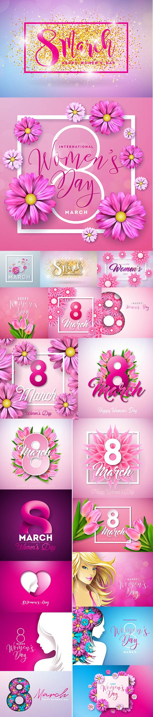 Happy Womens Day Floral Greeting Card Premium Illustrations Set