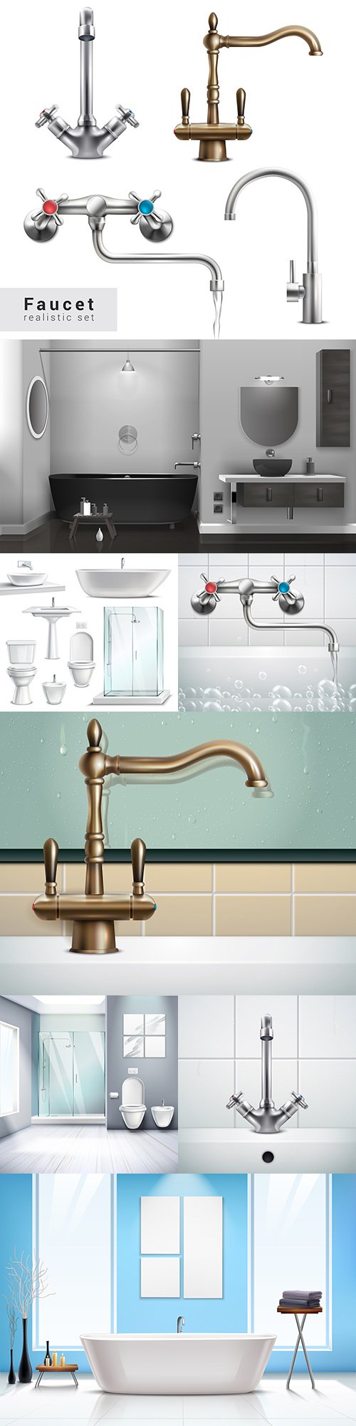 Bathroom interior and water mixers realistic illustrations