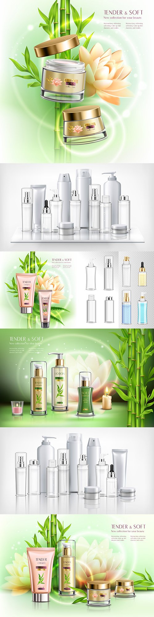 Cosmetics with lotus flowers, bamboo and realistic containers