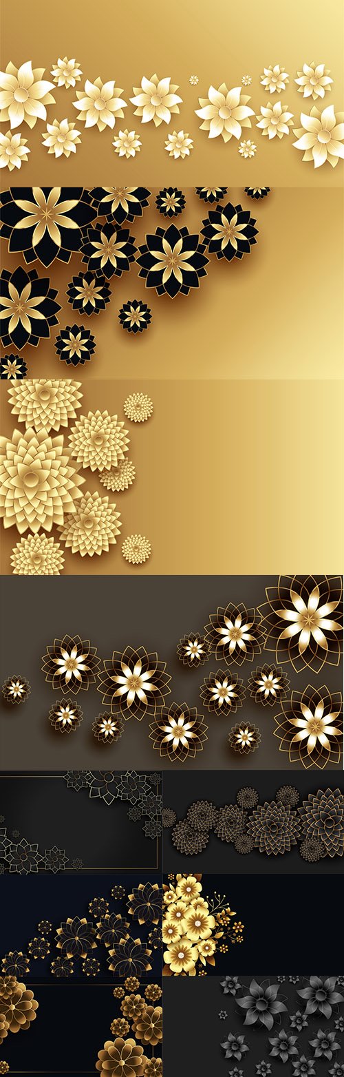 Beautiful 3D Golden Flowers Decorative Background Set