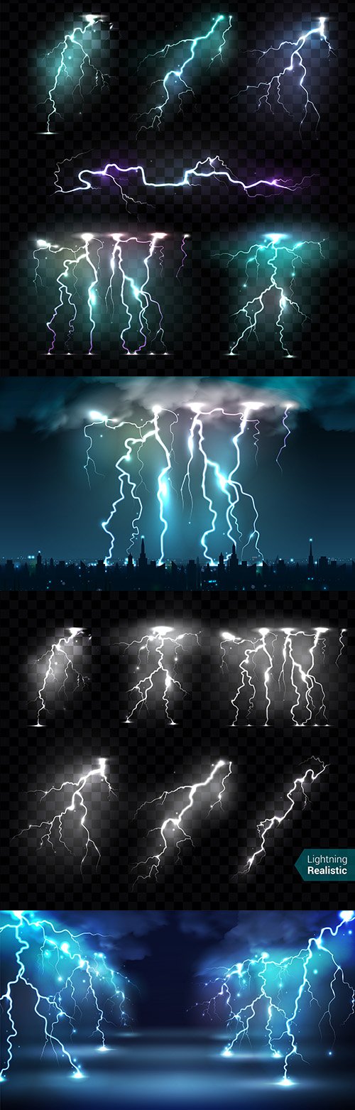 Bright blows lightning night sky realistic illustrations