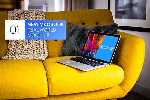 MacBook Retina on Bright Sofa Real World Mock-up