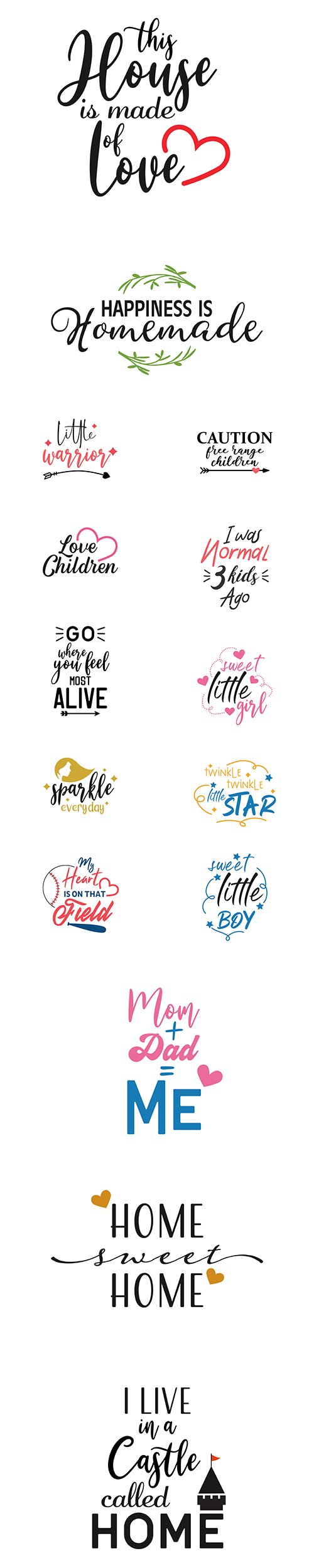 Home, Child and other Quote Lettering Typography Set