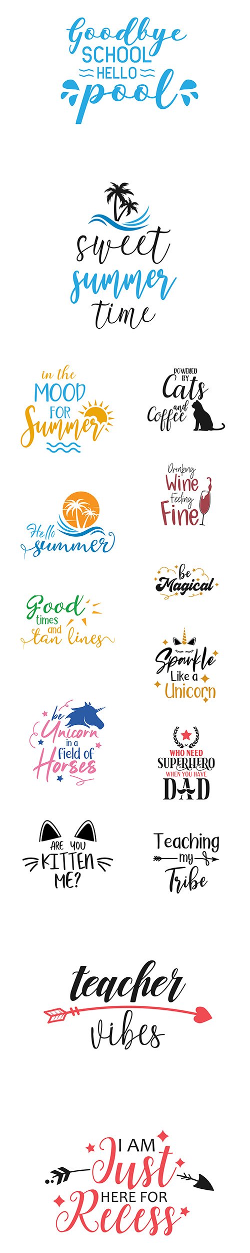 School, Summer, Unicorn and other Quote Lettering Typography Set