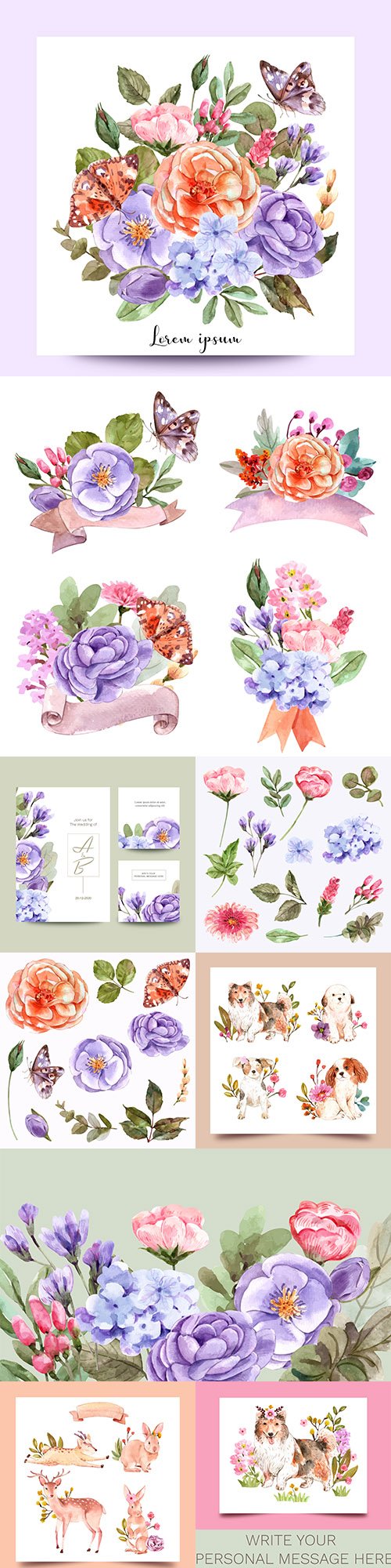 Watercolor flowers and animal set design creativity