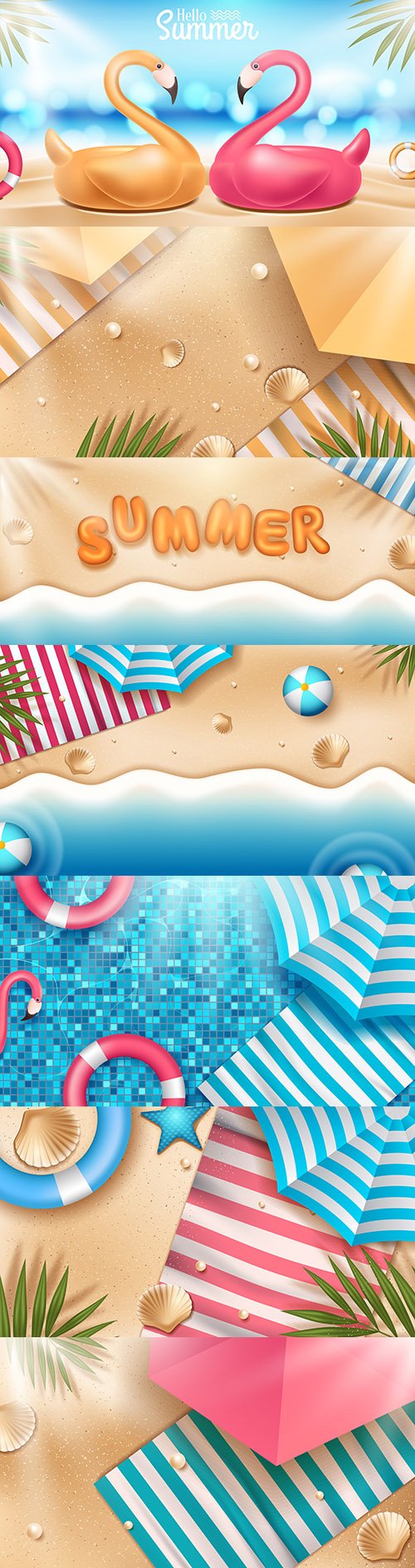 Summer holidays on sandy beach realistic illustrations
