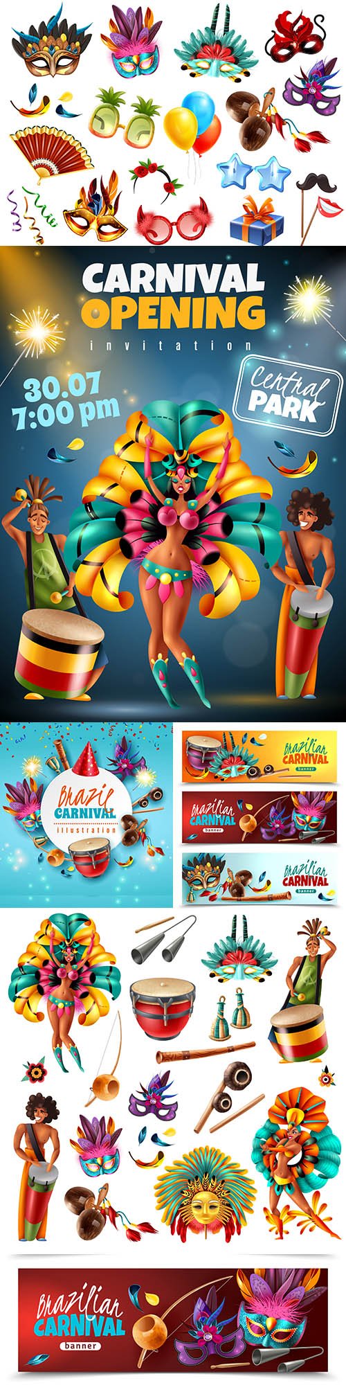 Brazilian carnival colorful invitations and elements
