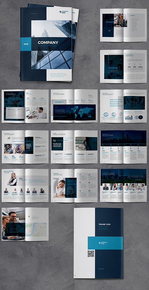 Company Profile Brochure Layout with Dark Blue Accents