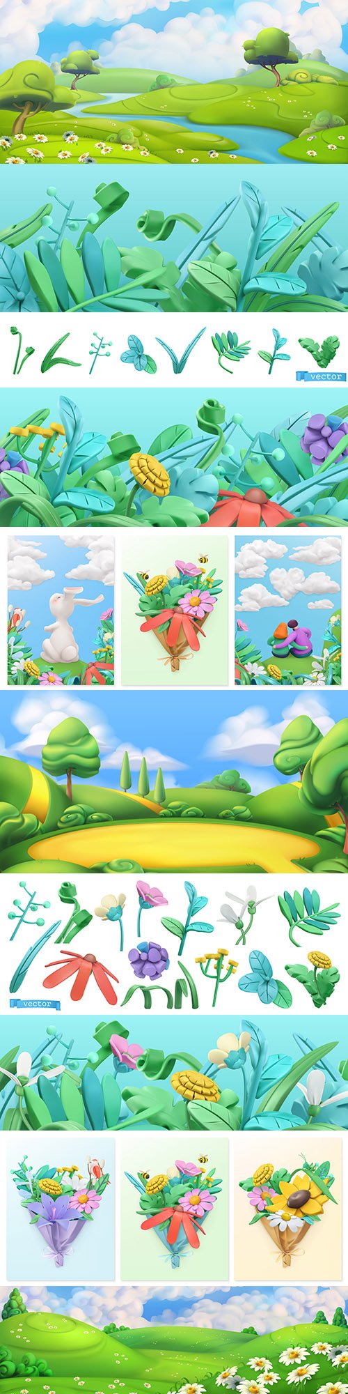 Landscape and spring flowers 3d illustrations