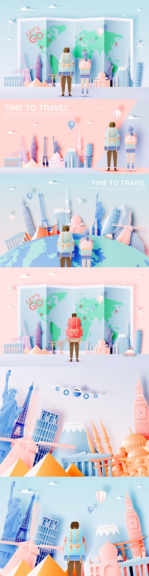 Travel different attractions in style paper art