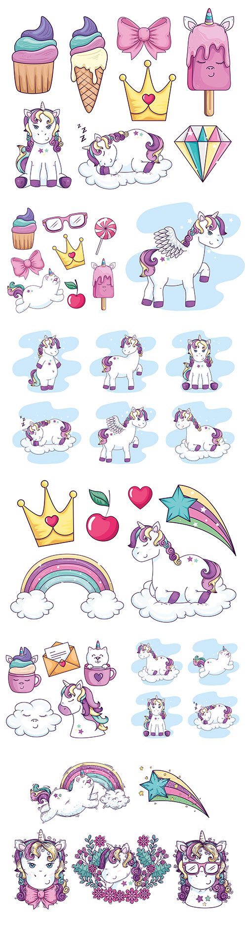 Unicorn with wings and sweets collection illustrations