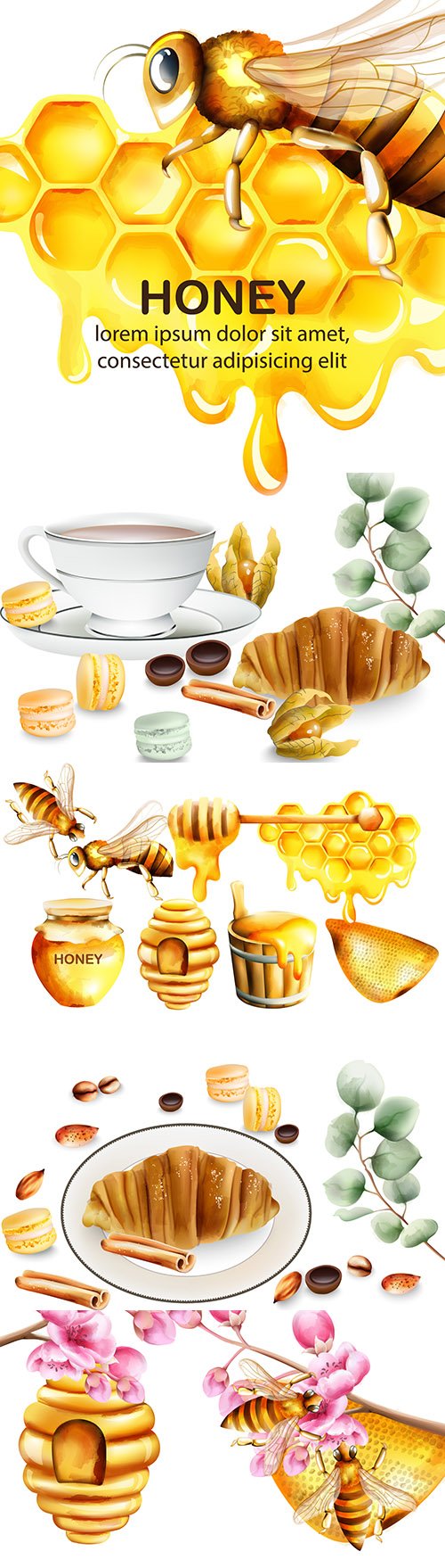 Honey with bees and delicious croissant for tea party