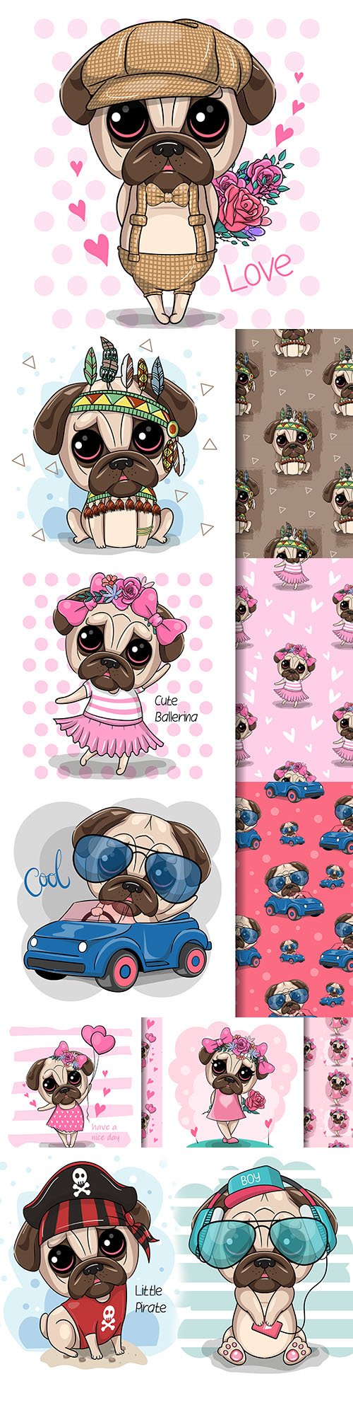 Cute cartoon mops dog in clothes and pattern